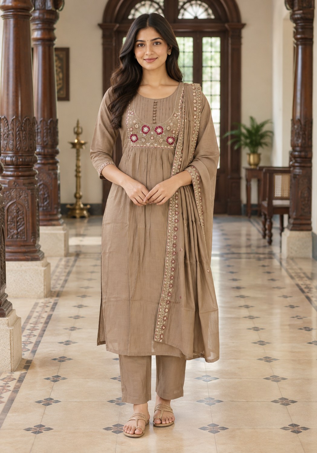 Taupe Brown Cotton Embroidered Kurta Pant Set with Dupatta - Ashoka Threads - K3-D28-26-TBR 1